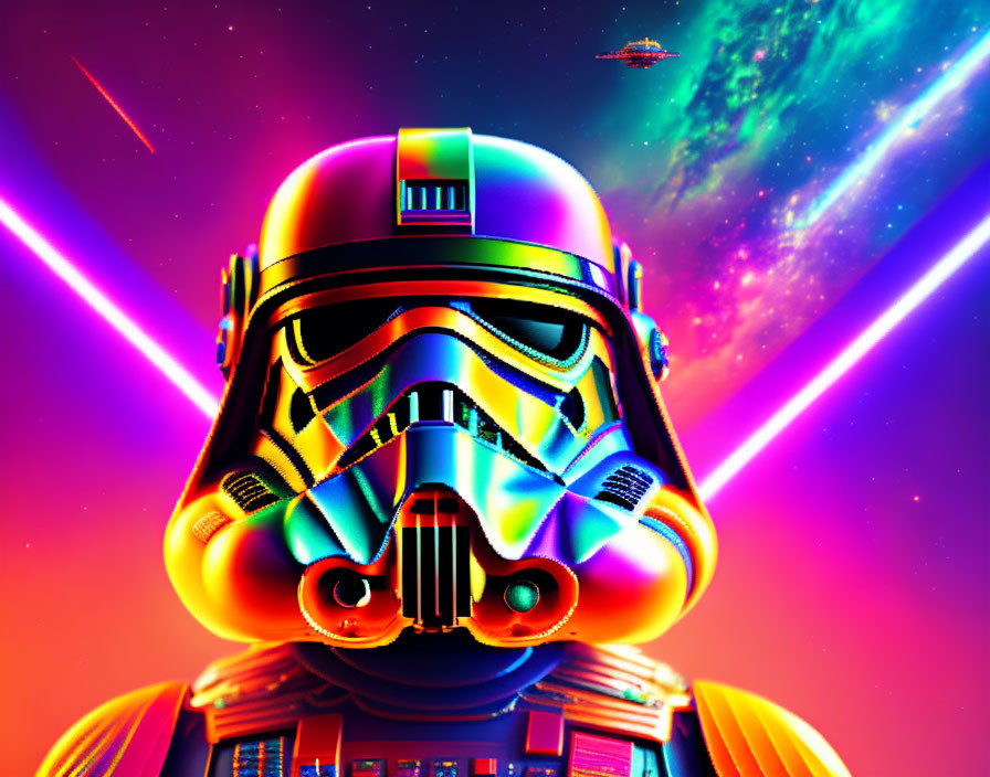 Colorful Stormtrooper Helmet Art with Neon Galaxy Backdrop