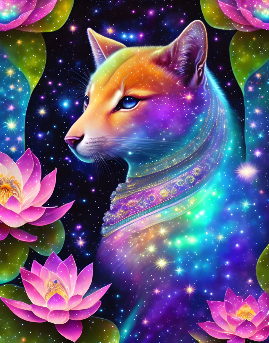 Mystical fox digital art with cosmic background & lotus flowers