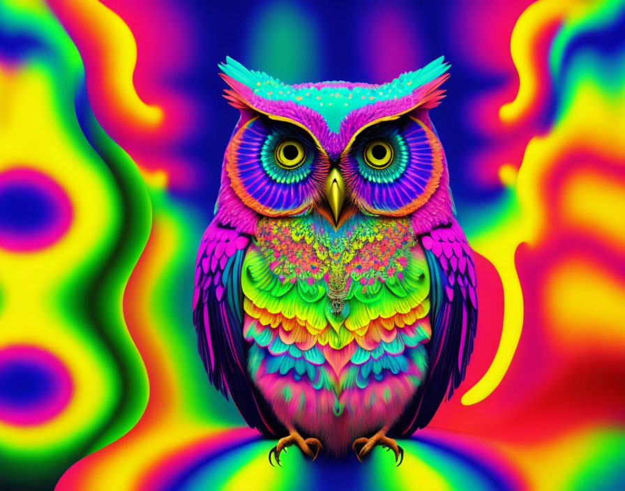 Colorful Owl Digital Illustration with Psychedelic Background