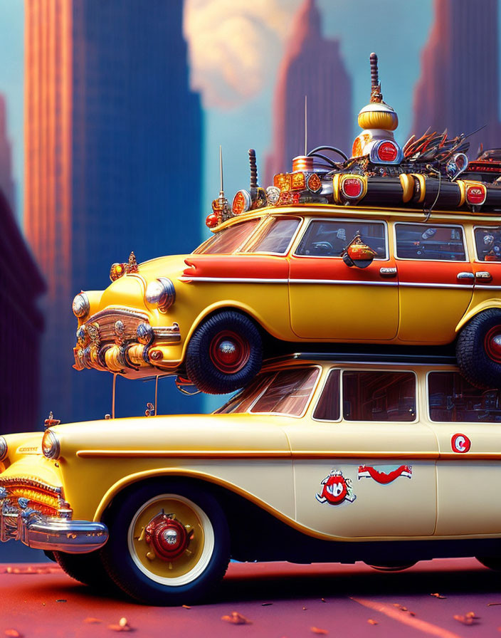 Vintage Yellow Taxi Stack with Sci-Fi Gadgets and Ghostbusters Logo