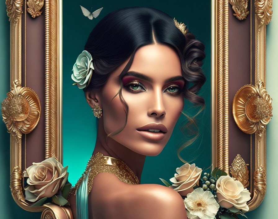 Digital art portrait of woman with green eyes, framed in gold with roses and butterfly