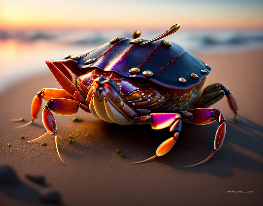 Metallic crab on sandy beach at sunset with detailed reflections