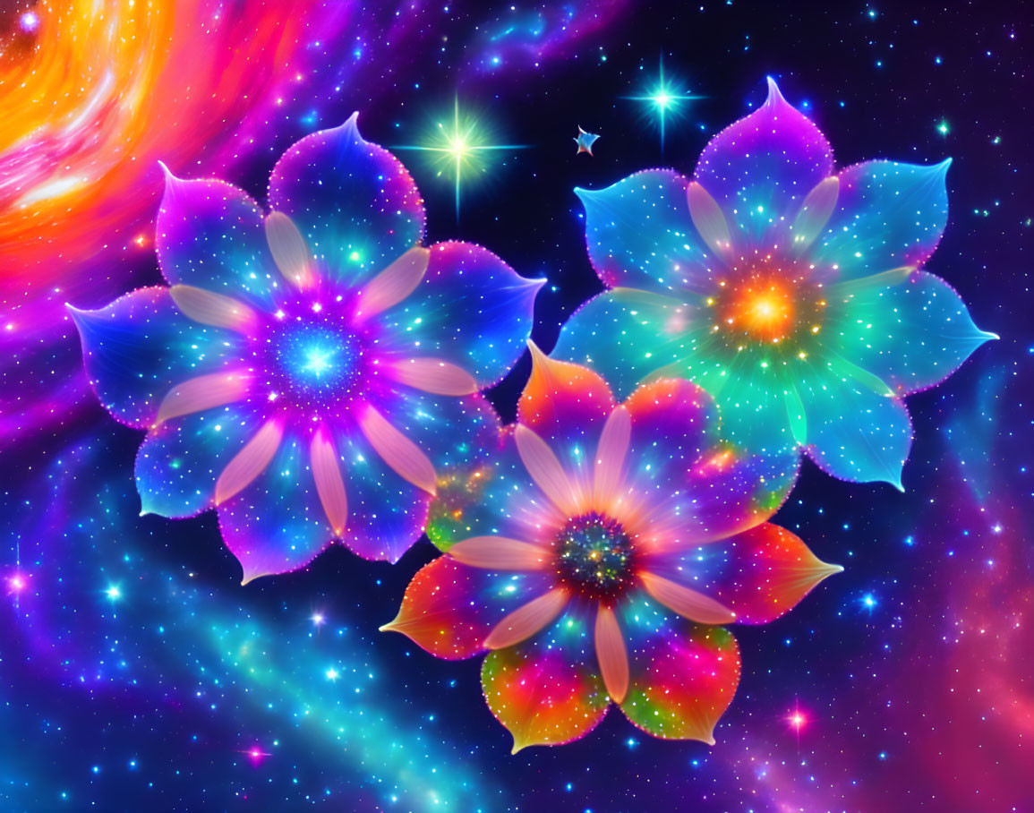 Cosmic flowers digital art with neon colors on starry space background