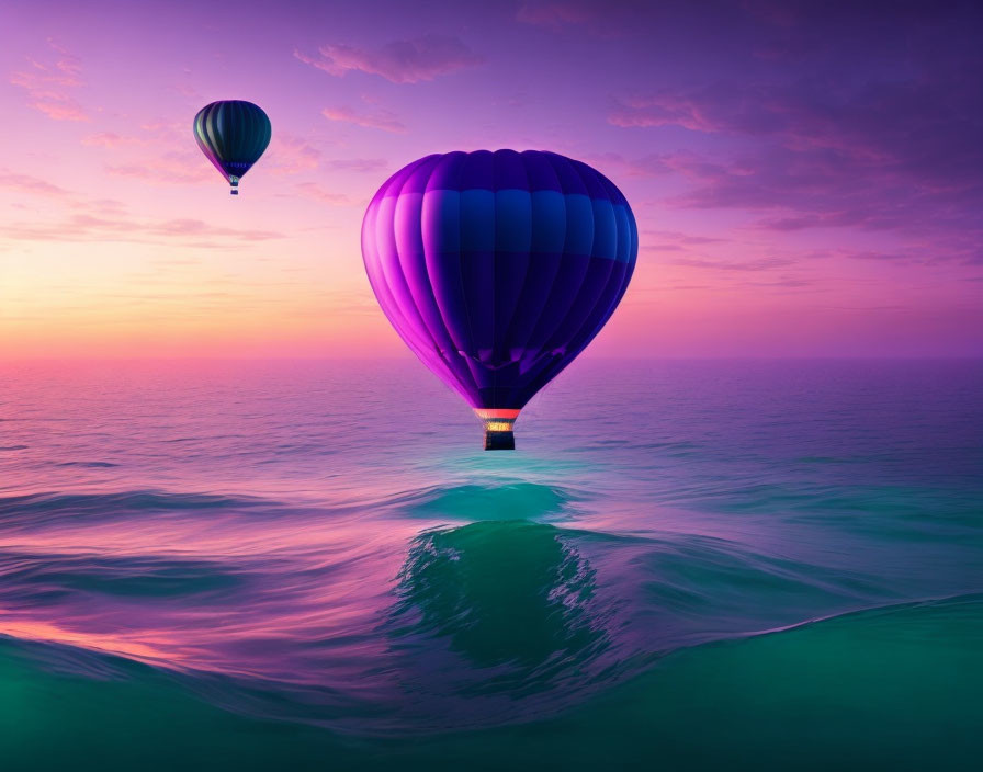 Hot Air Balloons Over Surreal Purple and Teal Sea at Sunset