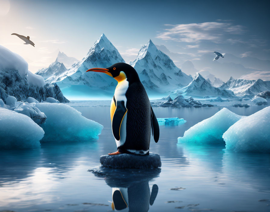 Penguin on Ice Float in Blue Ocean with Snowy Mountains