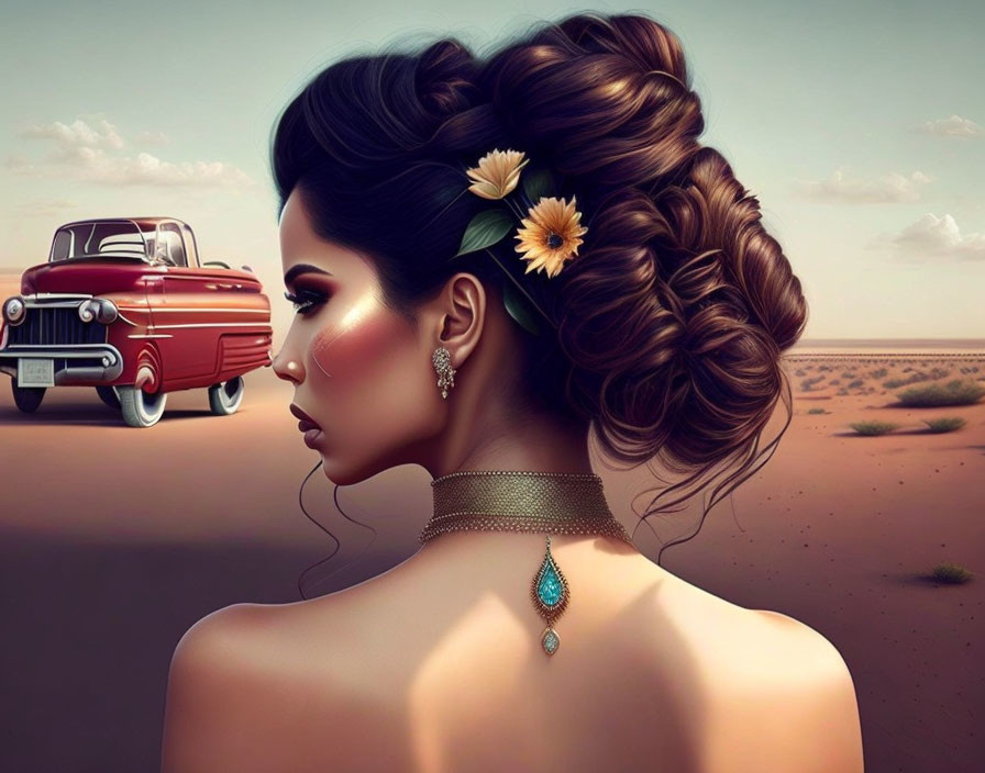 Illustrated woman with elaborate updo and flowers, classic red car, desert backdrop