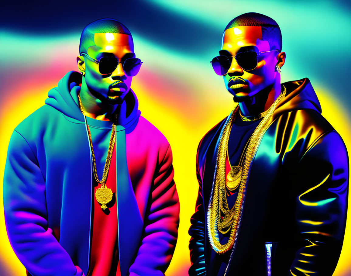 Stylish Men in Sunglasses with Gold Chains on Neon Background