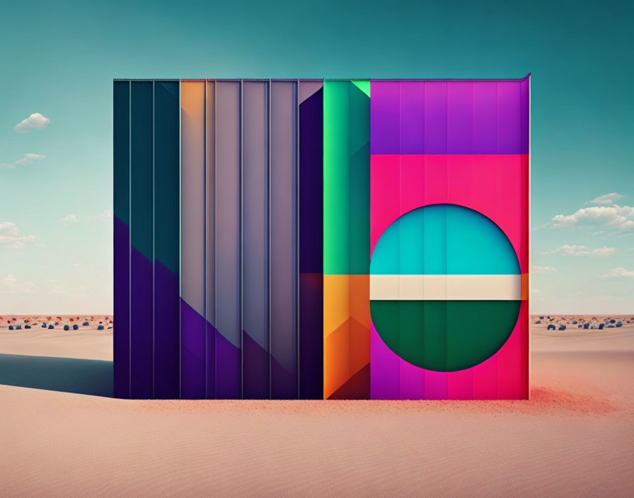 Vibrant geometric shapes on desert backdrop with circular cutout