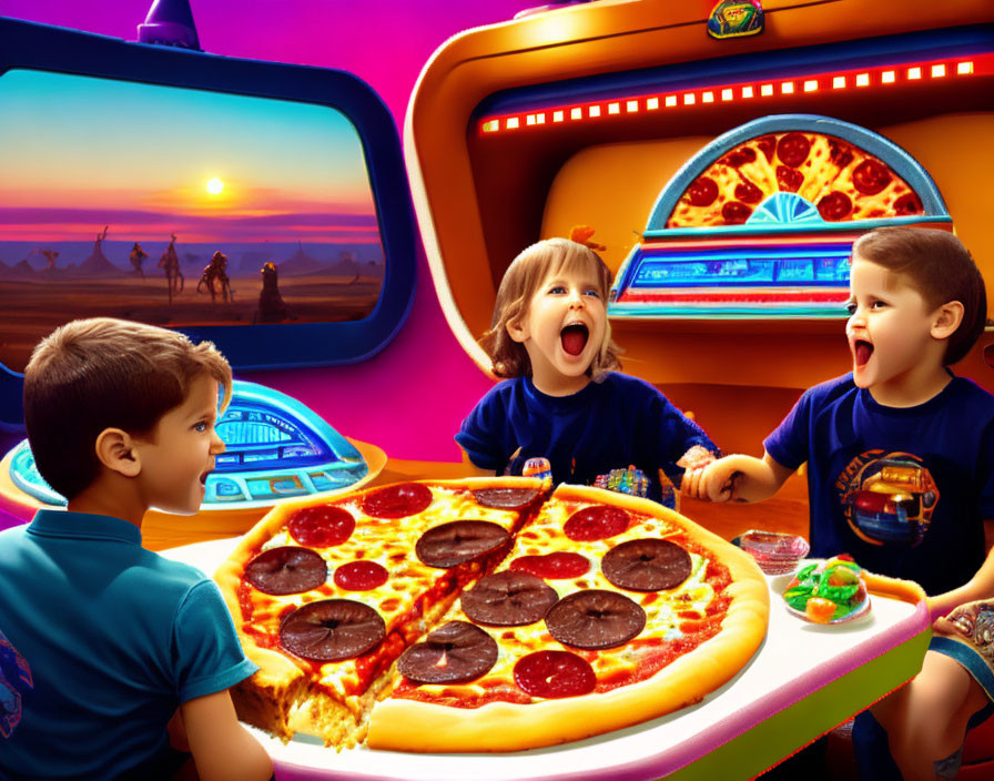 Children enjoying pizza at retro-futuristic diner with colorful lighting.