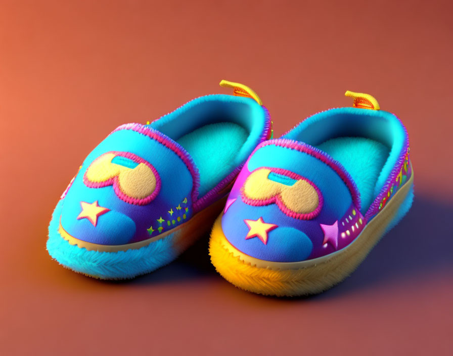 Colorful Children's Slippers with Smiling Faces and Star Patterns on Pinkish-Orange Background