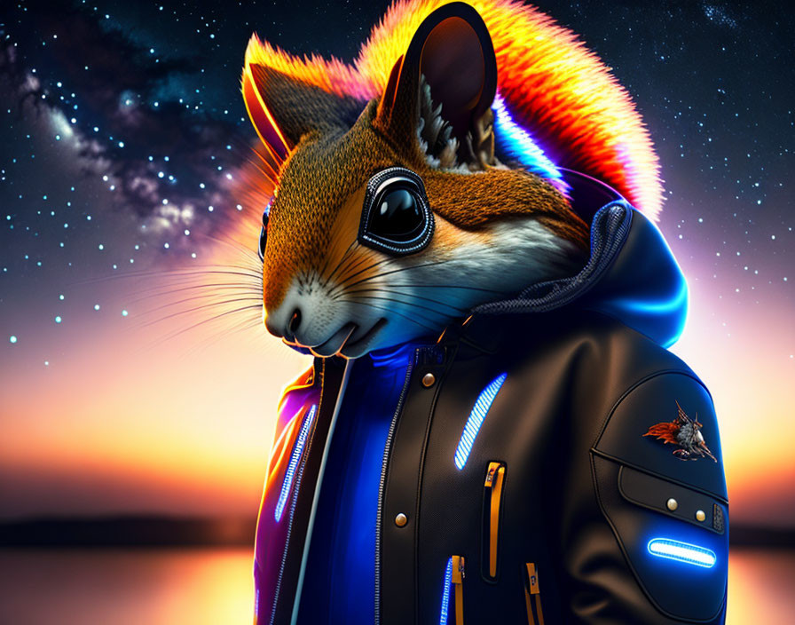 Stylized anthropomorphic squirrel in cool jacket at sunset.