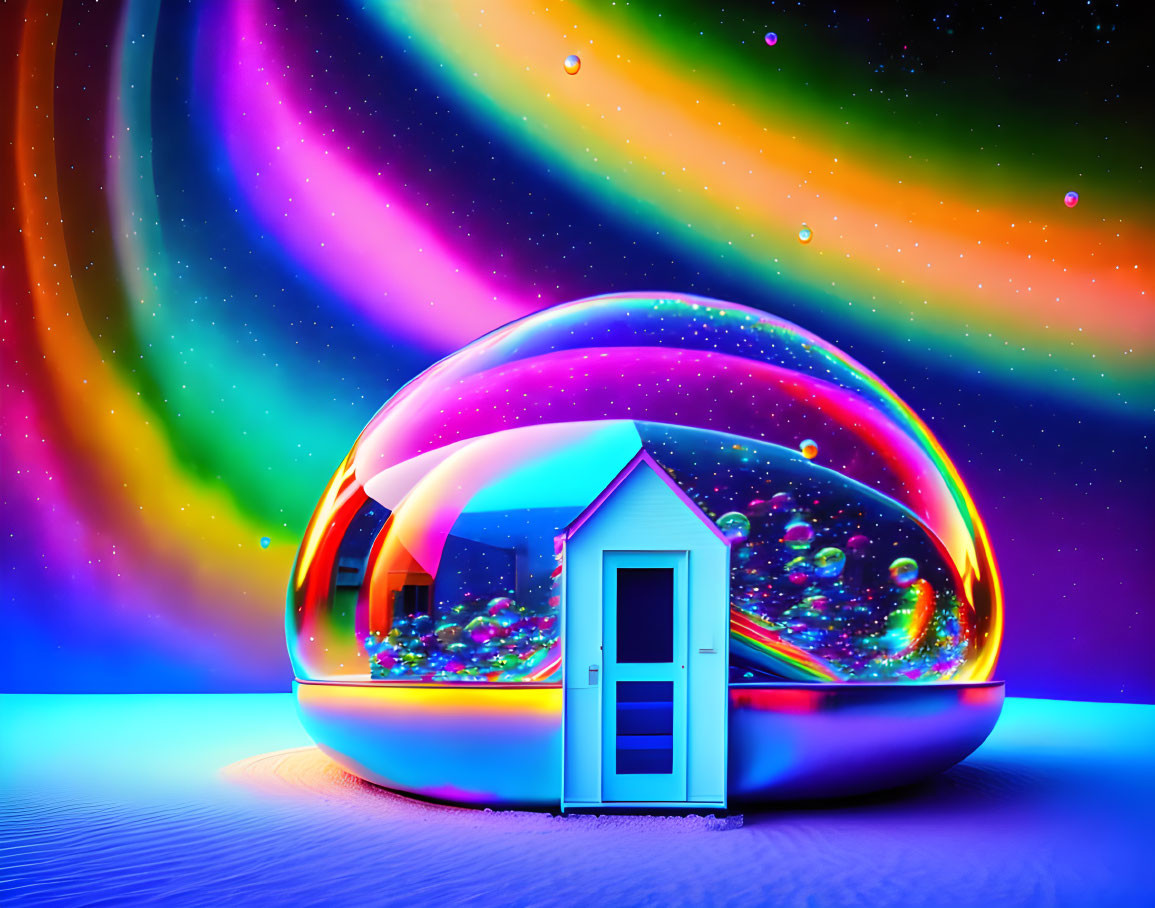 Colorful Surreal Landscape with Tiny House in Reflective Bubble