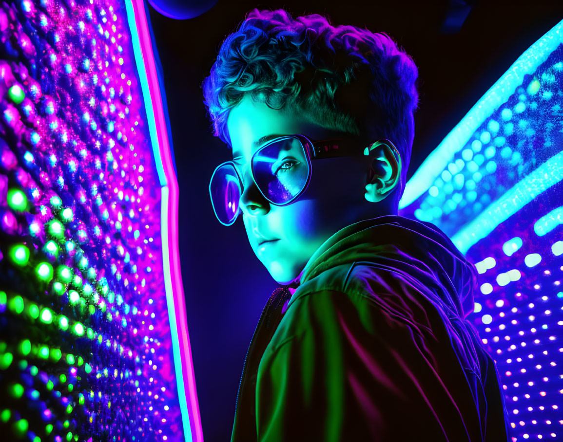 Curly-Haired Boy in Glasses and Jacket on Vibrant Neon Background