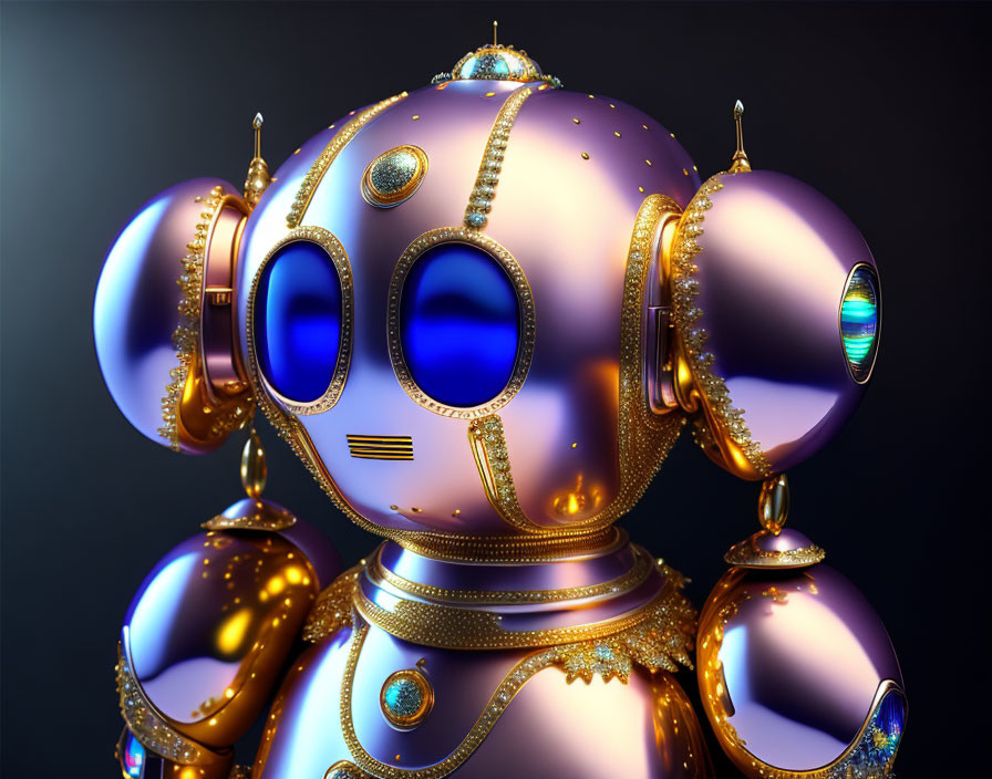 Golden ornate robot with blue gem accents on dark background