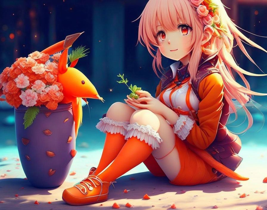 Pink-haired anime girl in orange attire with yellow bird by pot of flowers in autumn scene