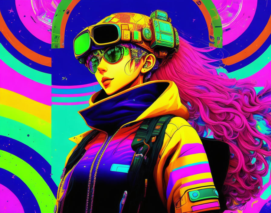 Colorful digital illustration of person with pink hair and futuristic attire in psychedelic setting