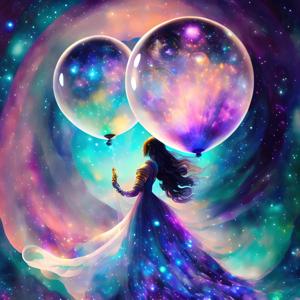 Woman in flowing dress holds balloons in cosmic background