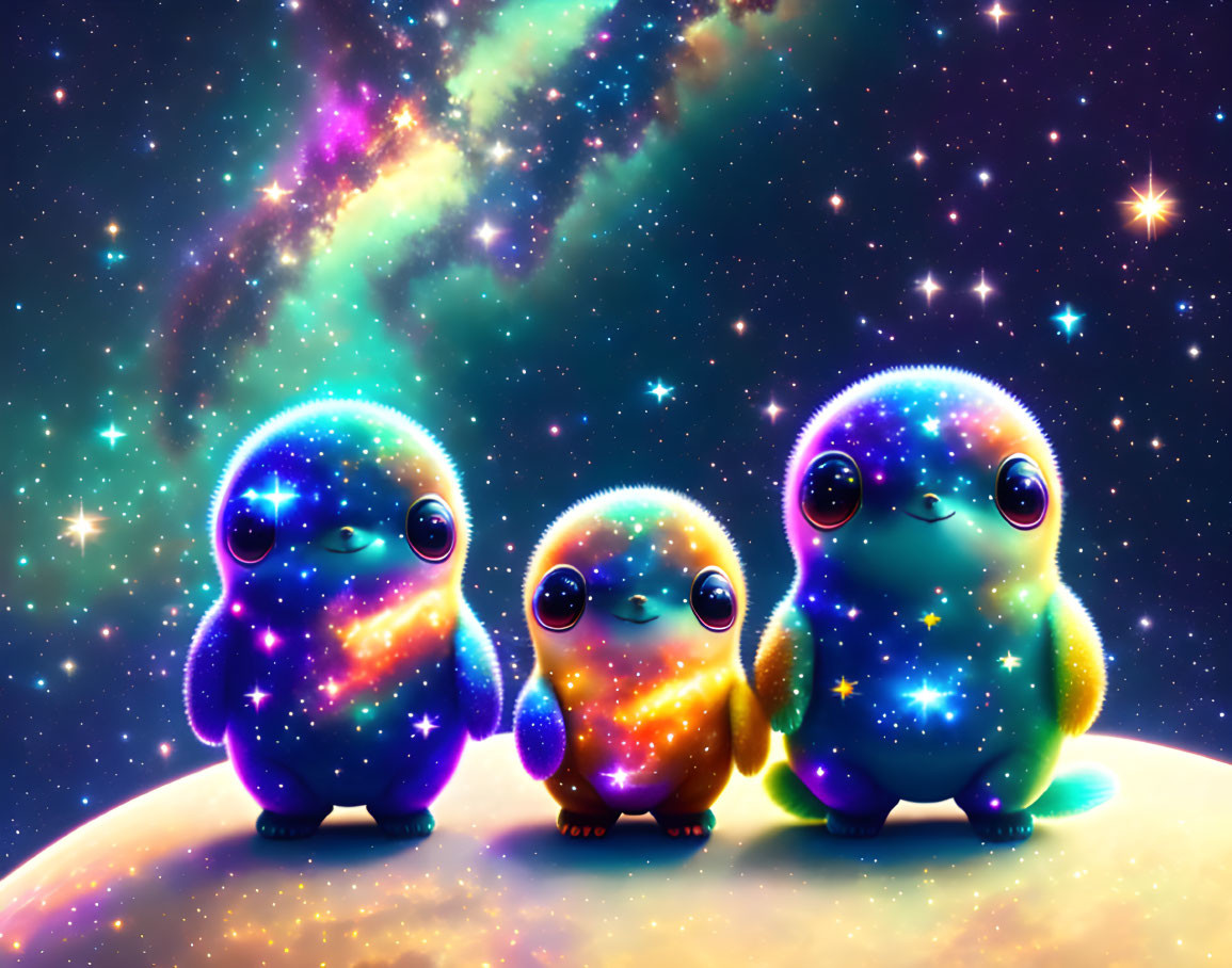 Colorful Cartoonish Galaxy Penguins on Starry Space Background