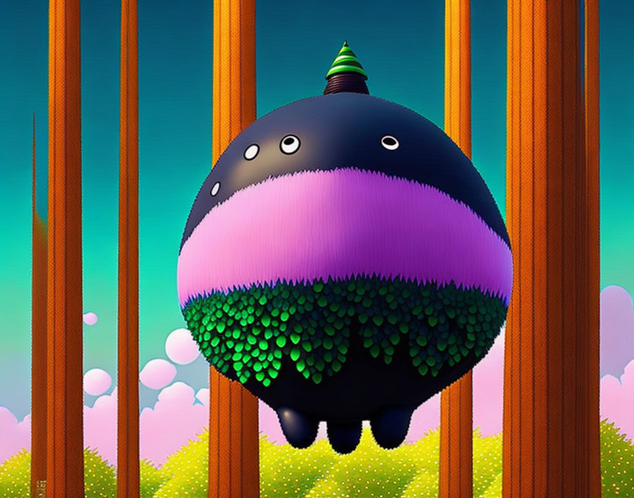 Colorful round creature with green scales and pink stripe among giant trees under blue sky