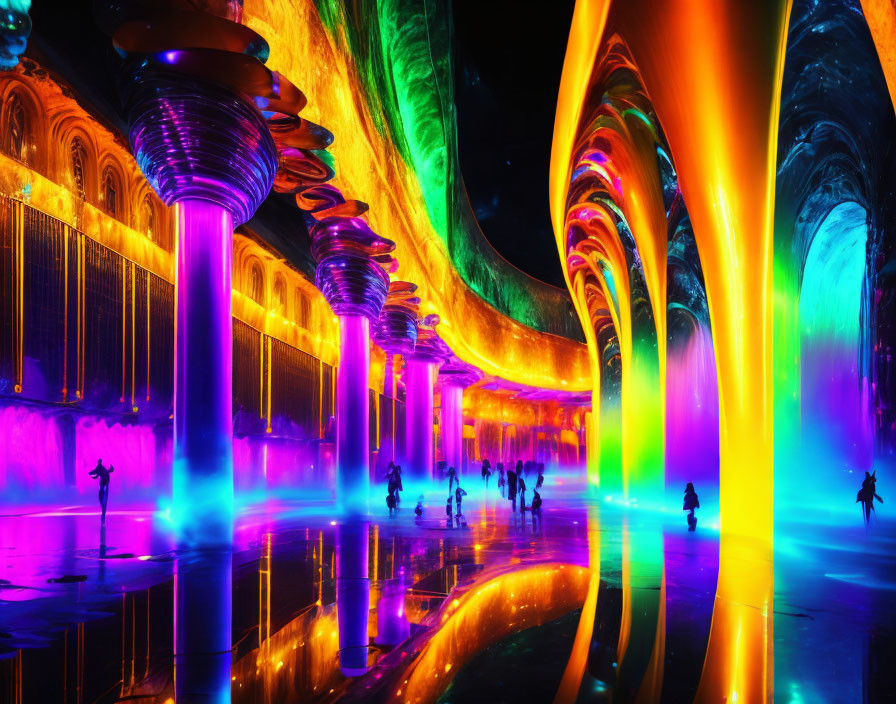 Colorful interior with reflective floors and swirling columns in silhouette.