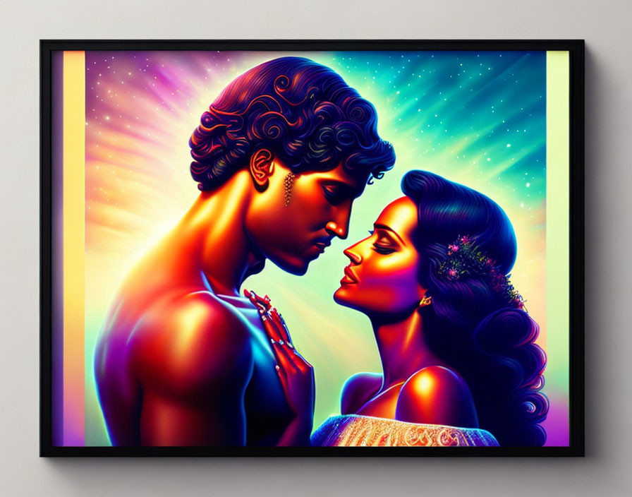 Colorful digital artwork of man and woman in romantic pose with neon lights and starry backdrop.