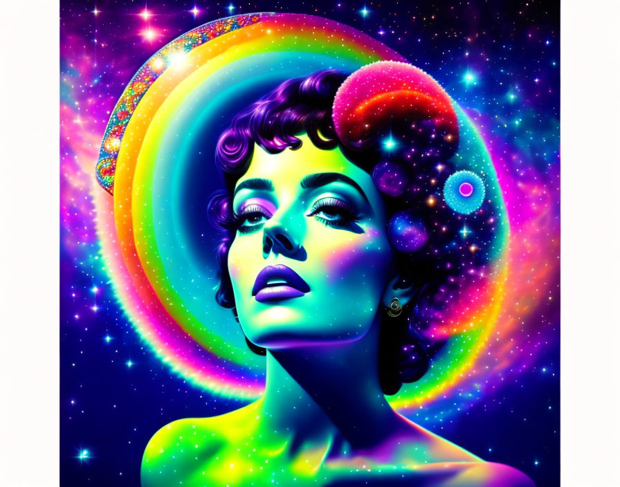 Colorful digital artwork of woman with cosmic and psychedelic elements