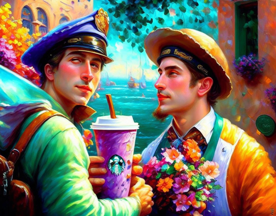 Vintage uniforms men with flowers and Starbucks cup in colorful setting.