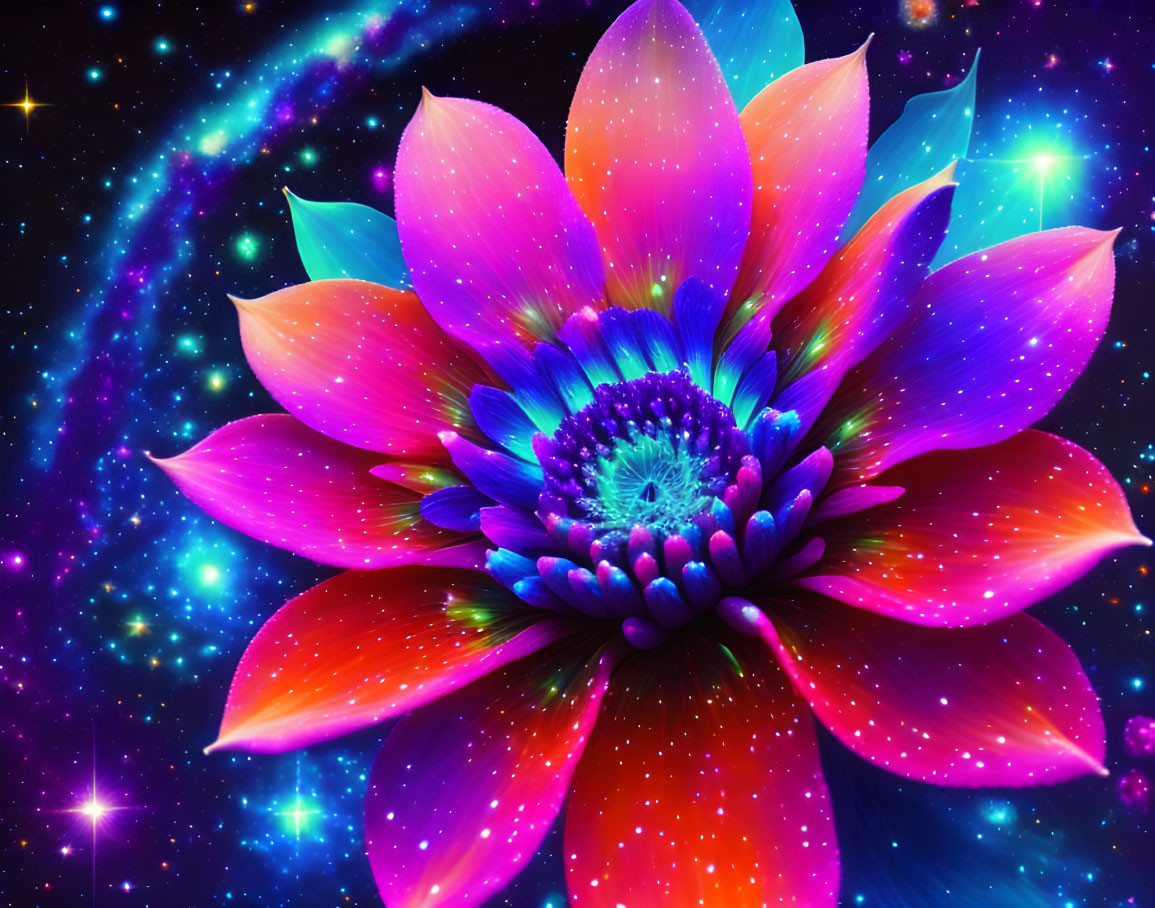 Colorful digital artwork: Multicolored flower on cosmic backdrop