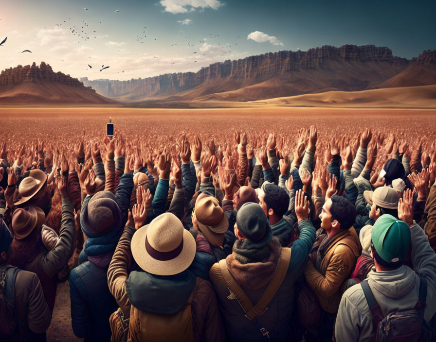 Crowd with raised hands in desert near black box under cloudy sky