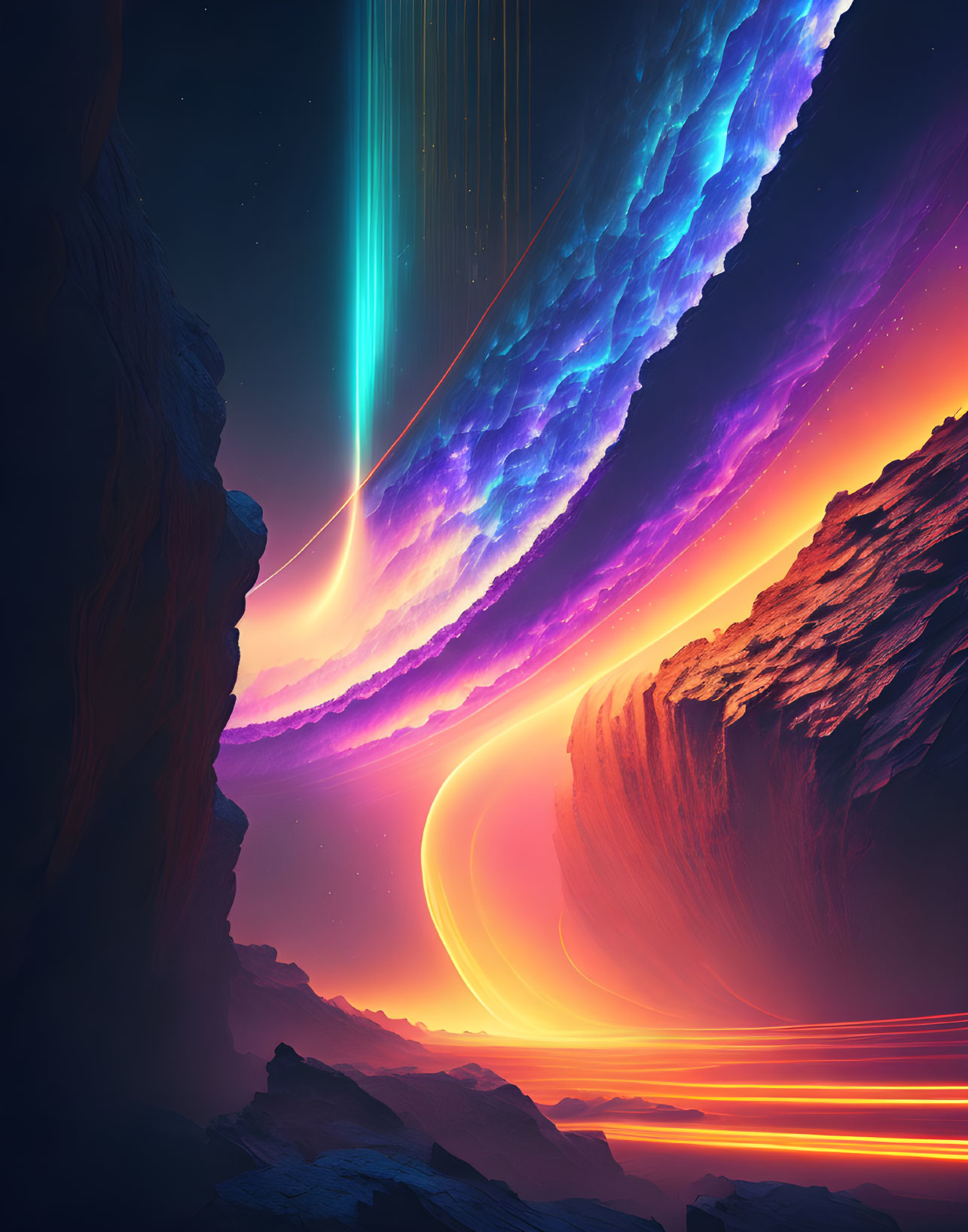 Neon-hued aurora waves in otherworldly landscape