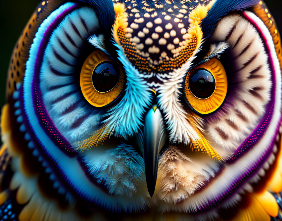 Detailed Close-Up of Owl with Striking Yellow Eyes and Colorful Feathers