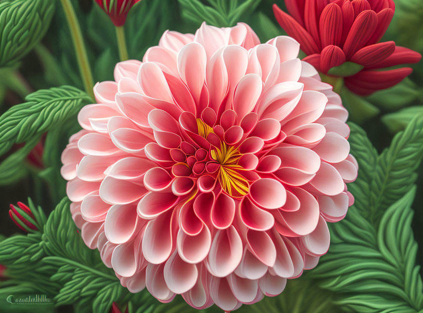 Vibrant Pink Dahlia with Intricate Petal Layers and Green Foliage