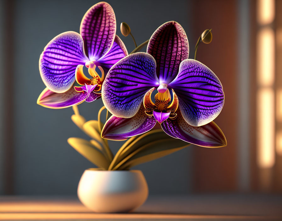 Purple and White Striped Orchids in Cream Vase on Blurred Window Background