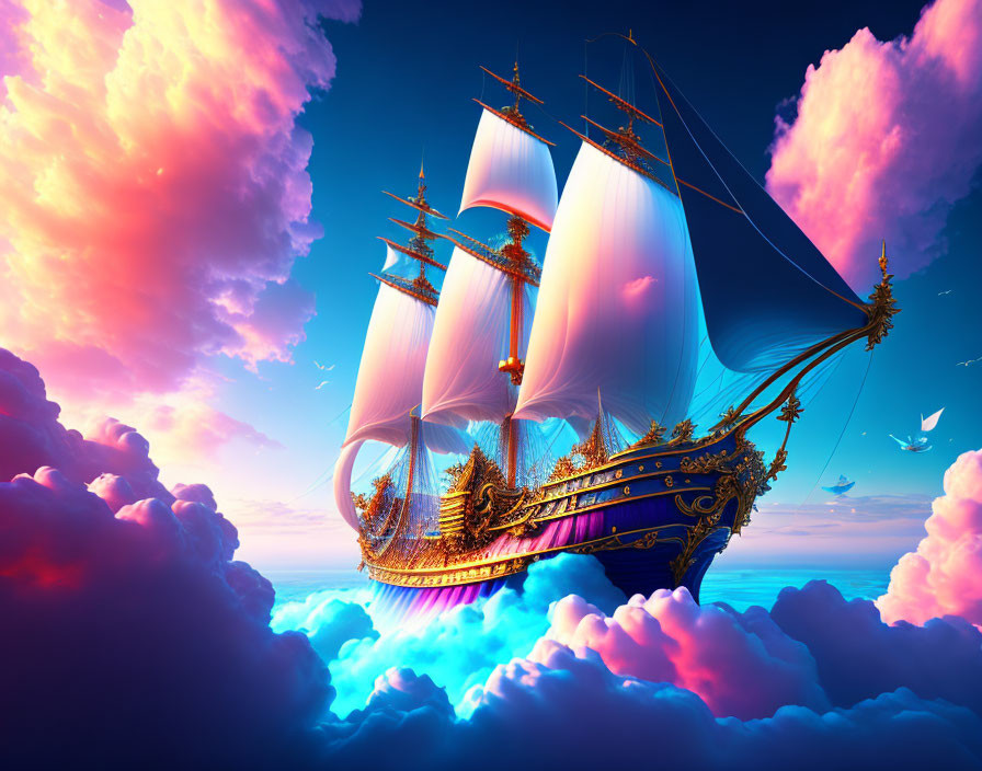 Ornate sailing ship above multicolored clouds at sunrise/sunset