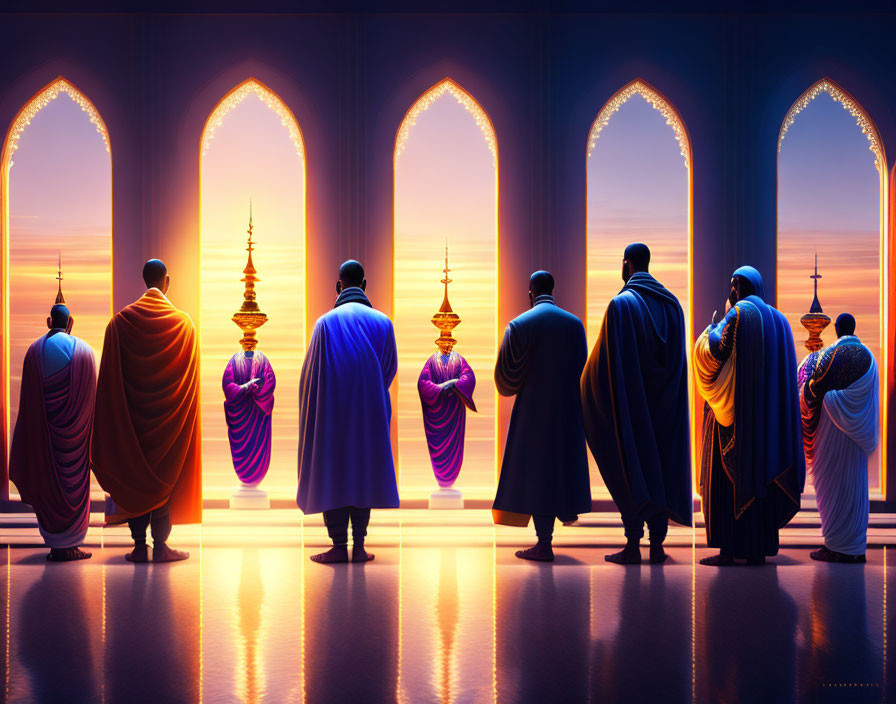 Silhouetted figures in religious robes at sunset with ornate archways and minarets