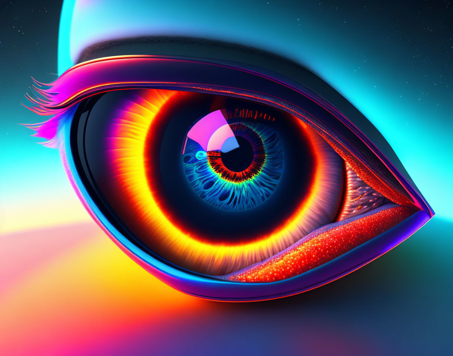 Colorful digital artwork of stylized eye with neon colors and intricate patterns