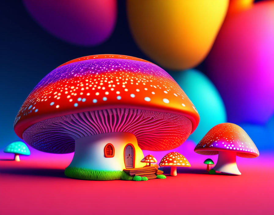 Whimsical mushroom house with red cap and colorful surroundings