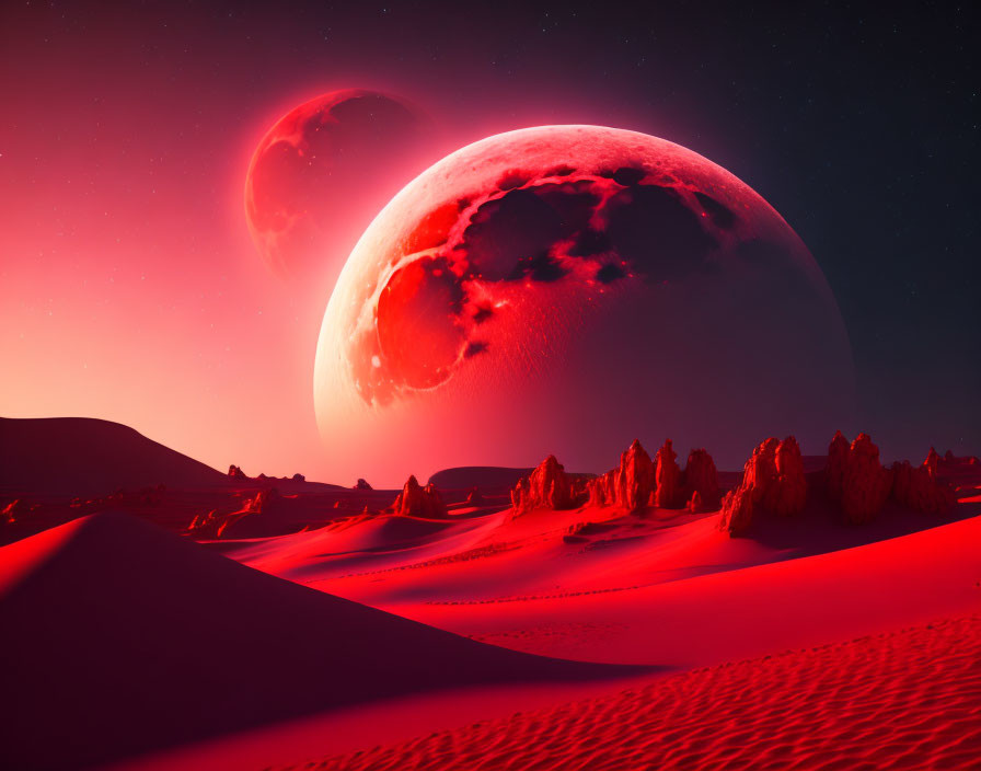 Surreal red landscape with alien moons under dark sky