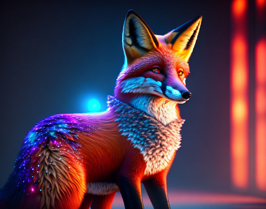 Vibrant fox illustration with glowing fur on neon background