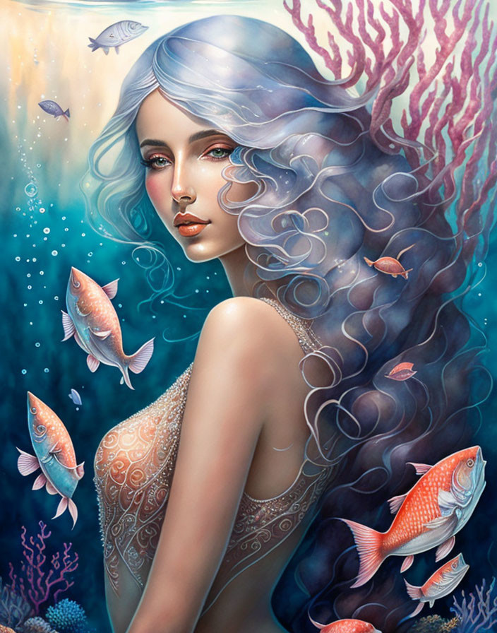 Ethereal underwater portrait of a woman with flowing hair among fish and coral