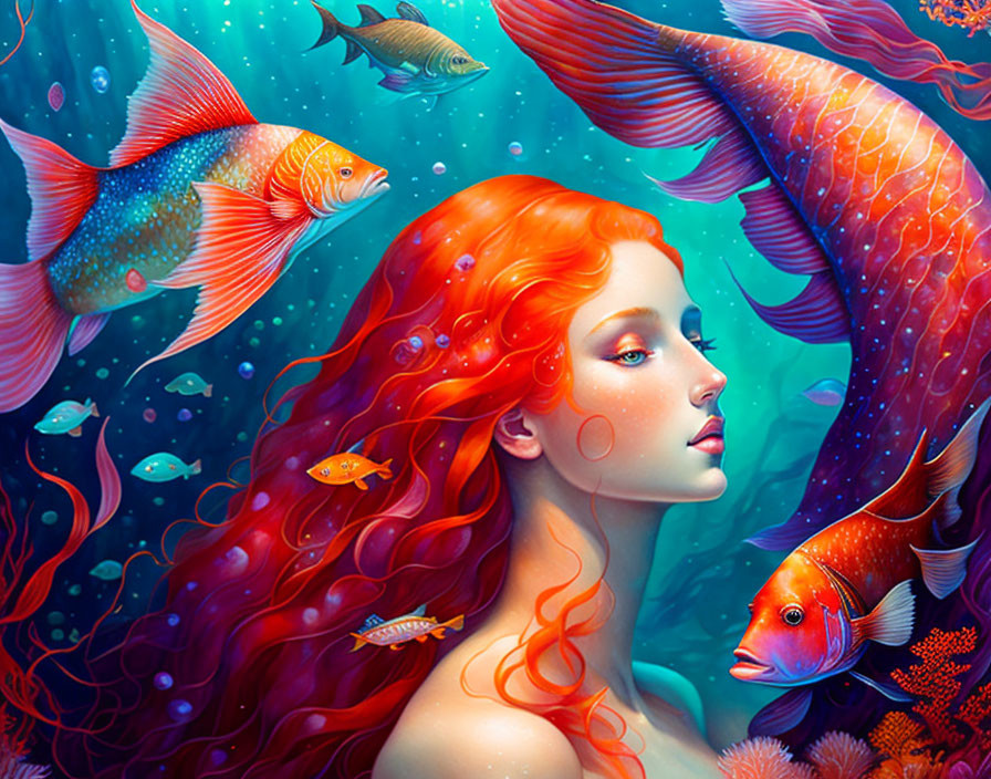 Colorful underwater illustration: Red-haired woman, fish, aquatic flora