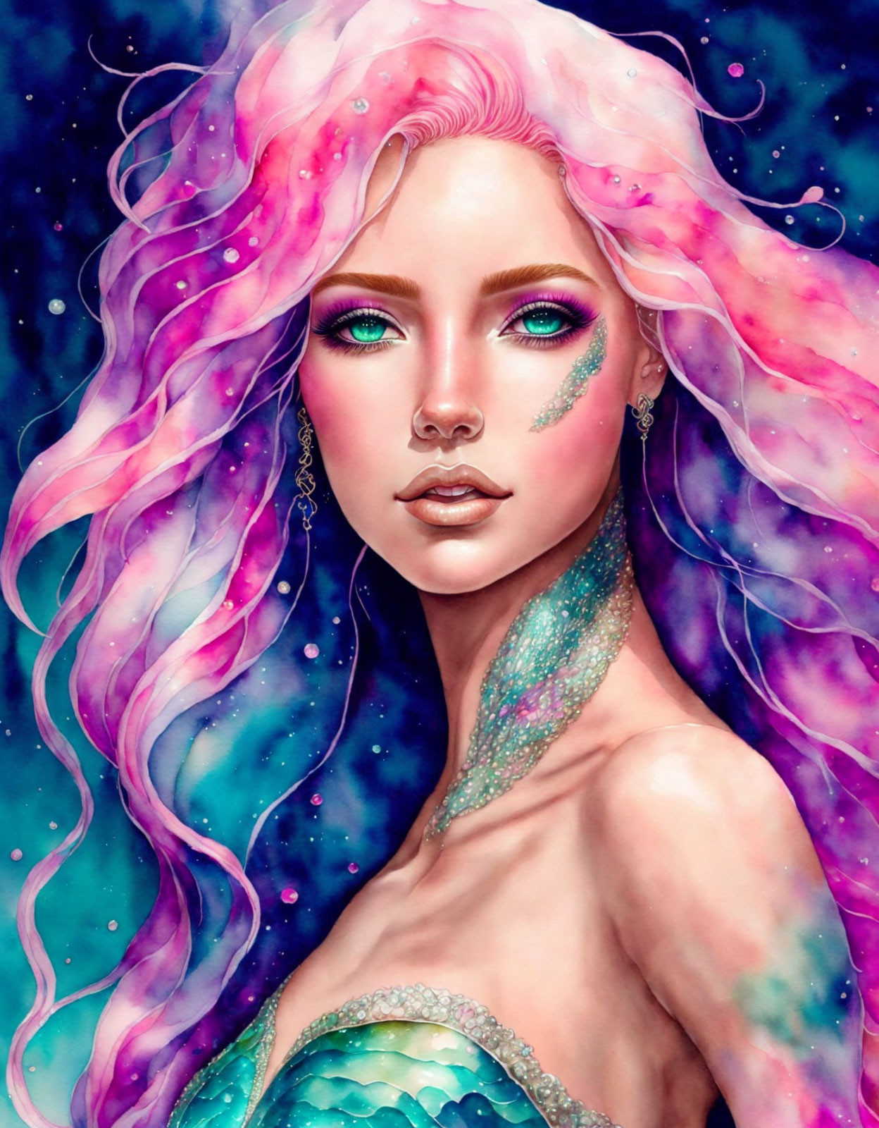 Digital art portrait of woman with pink hair, green eyes, scales, starry background