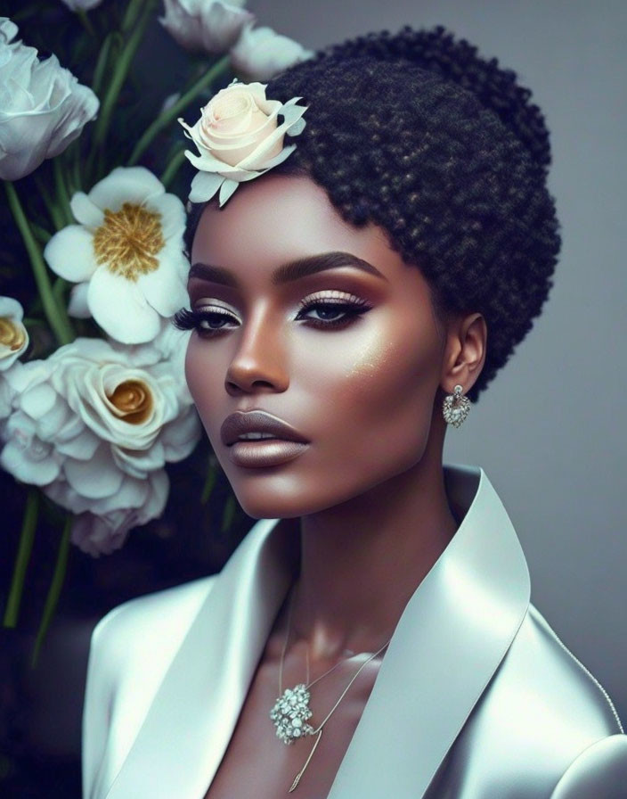 Person with short afro and white rose, elegant makeup, in white blazer with floral background.