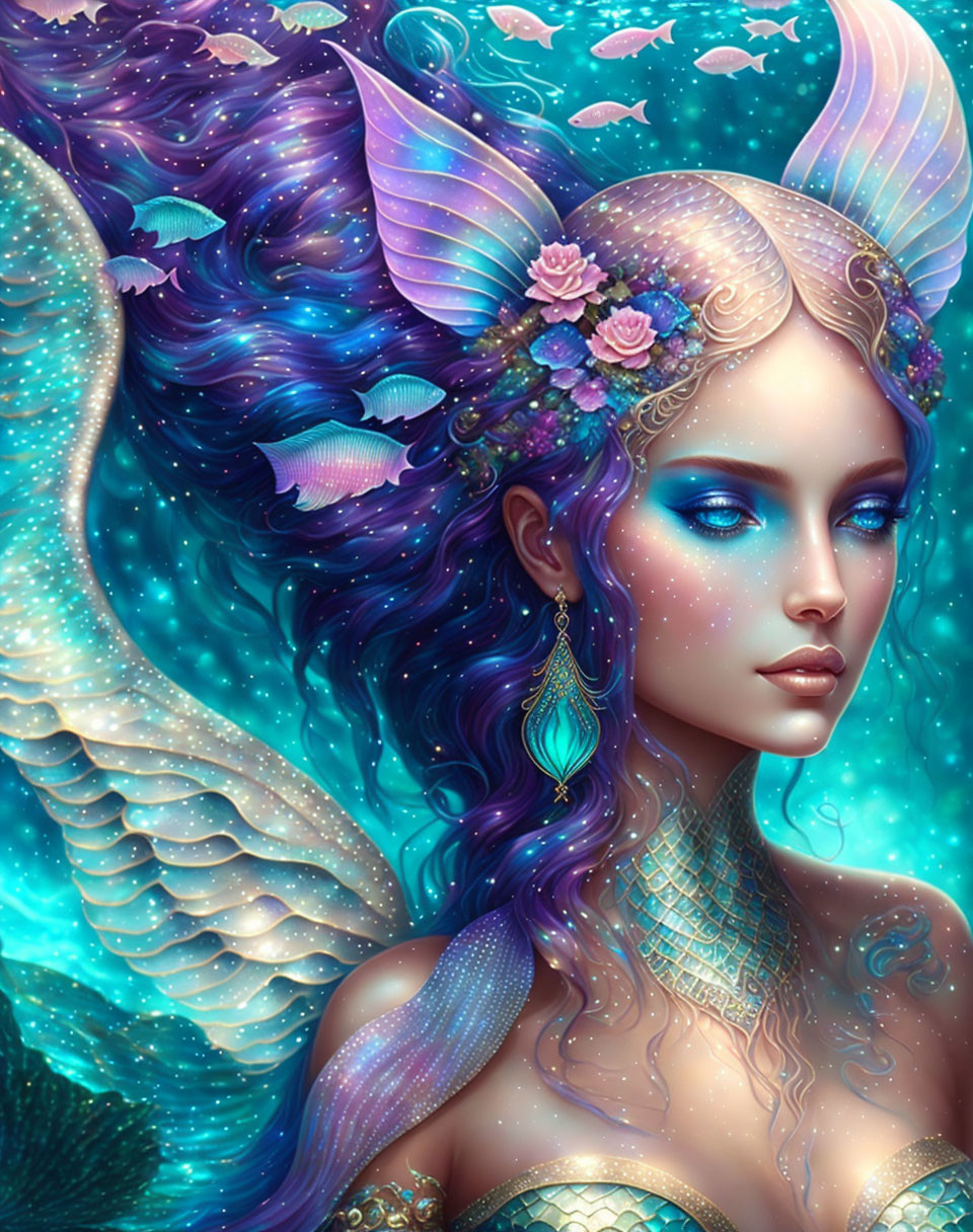 Vivid blue cosmic mermaid with intricate aquatic features