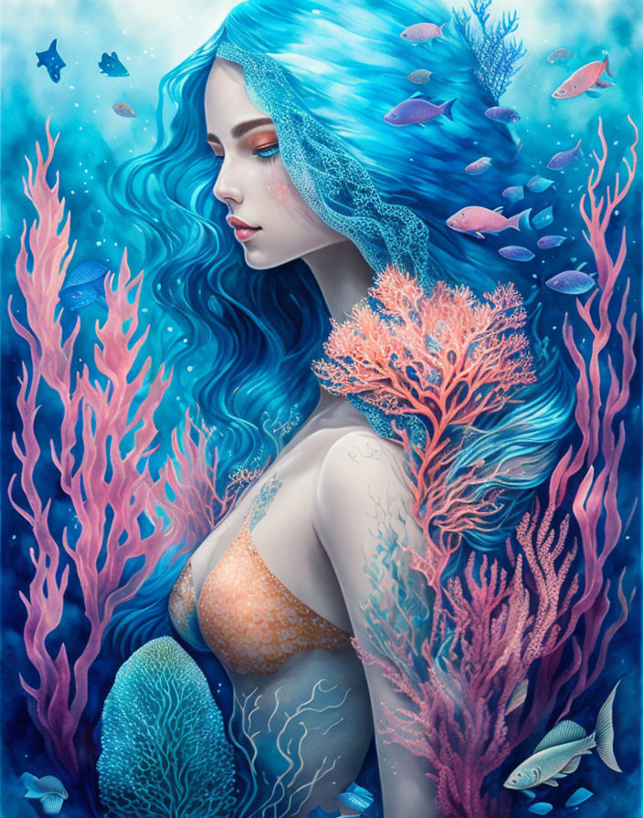 Mermaid with Blue Hair in Vibrant Underwater Scene