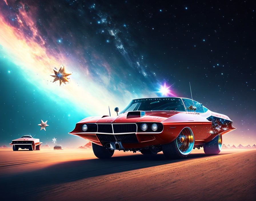 Vintage Car with Neon Underglow on Desert Road under Cosmic Sky