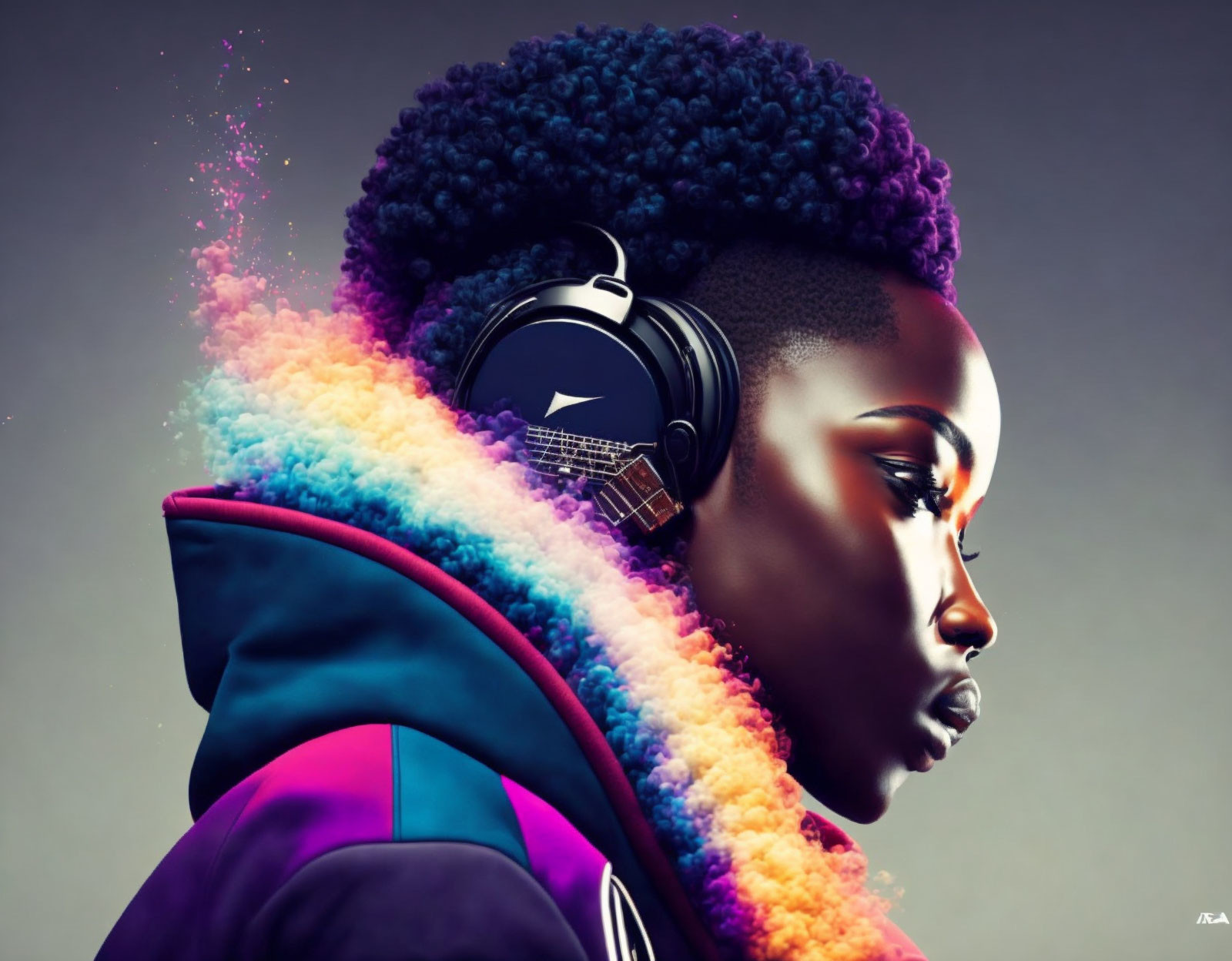 Person with Vibrant Cloud-Like Textures from Headphones