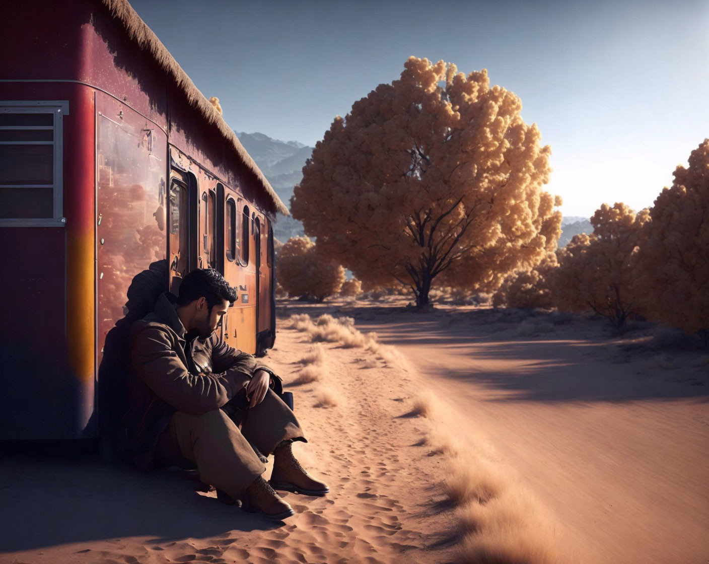 Person sitting by train carriage in serene landscape with golden trees, sand, and mountains