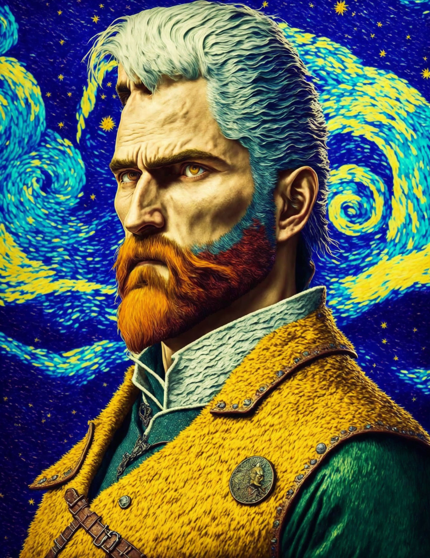 Man with White Beard and Starry Night Sky Background in Van Gogh Style