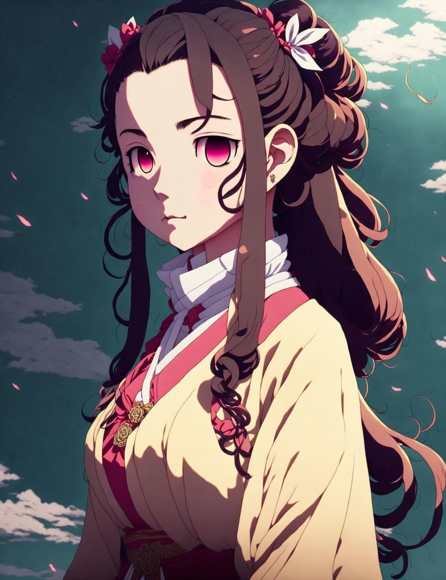 Character with Pink Eyes, Floral Hair, Yellow Outfit under Blue Sky